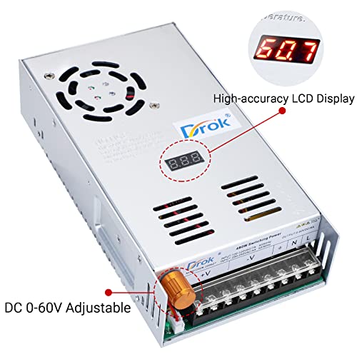 Image of DROK 60V Power Supply, AC 110V 220V to DC 0-60V 8A 480W Buck Converter, Adjustable Variable LED Adapter Regulated 5V 12V 24V 30V 36V 48V 60Volt Transformer 3A 5A 8Amp Charger for Lab CCTV