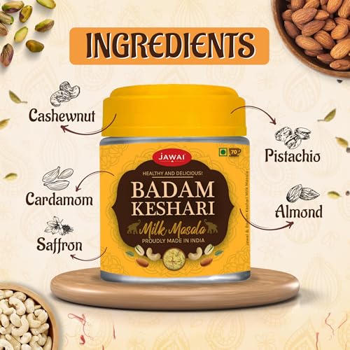 Image of JAWAI Badam Keshari Milk Masala (100 gms) | Masala Milk |Dryfruits based Healthy & Nutritious Drink Mix | Pishori Pistachio | Californian Almonds | Kashmiri Saffron | (Badam Keshari Milk Masala)
