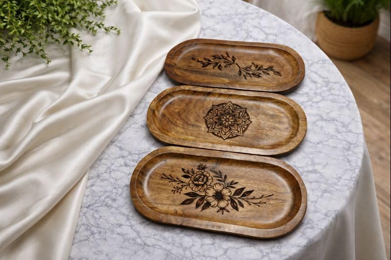 Image of Wooden Jewelry Tray, Oval Shape, L x B x H = 10 x 5 x 0.5 Inch Floral Design, Natural Wood Finish, Organizer for Rings, Necklaces, Earrings And Snacks Serving (Multi 3)