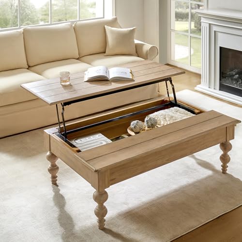 HULALA HOME Coffee Table Lift Top with Storage, Gourd-Shaped Legs, Wood Convertible Table for Living Room, Natural