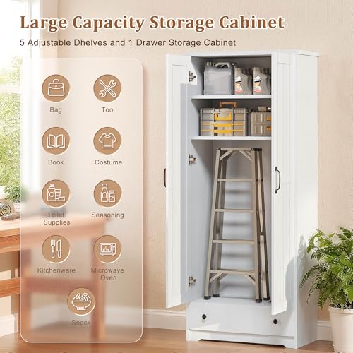 Image of Decofy 70 inch Tall Storage Cabinets, Large Wood Storage Pantry Cabinet with 6 Adjustable Shelves, Drawer & 2 Striped Doors, Standing Utility Cabinet for Kitchen, Dining Room, Bathroom (White)