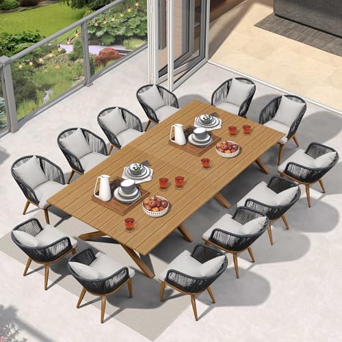 PURPLE LEAF 14 Pieces Patio Dining Set Wicker Outdoor Furniture Oversize Rectangular Table and Chairs Set for Garden Deck Teak-Finish Aluminum Frame Backyard Kitchen Set, Cushions and Pillows Included
