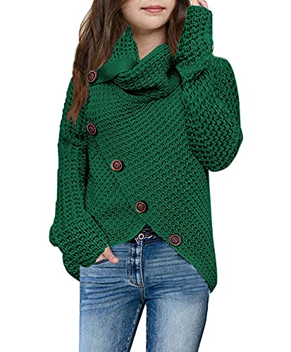 Haloumoning Girls Sweaters Button Turtle Cowl Neck Asymmetric Hem Wrap Pullover Sweaters for Girls Green