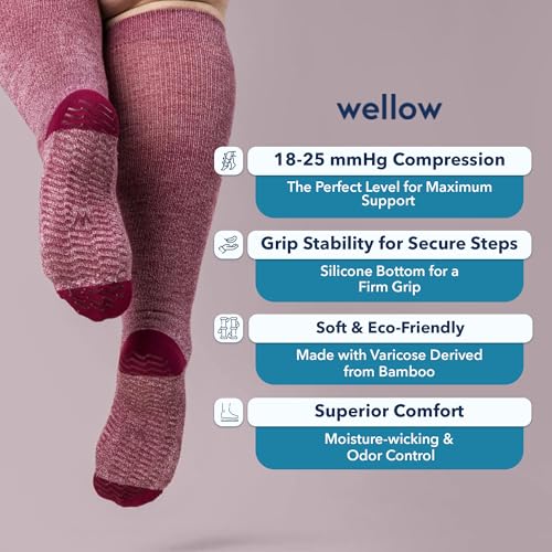 Image of Wellow Wide Calf Grip Compression Socks for Men & Women, Non-Slip Socks, 18-25 mmHg Made with Viscose from Bamboo, Nurses & Pregnancy Support, Relieves Swelling, Knee High, XL, Surf Twist