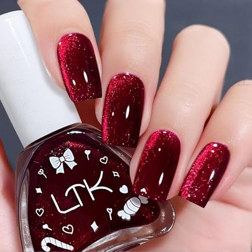 Glitter Burgundy Nail Polish, Quick Dry Nail Varnish, Cherry Dark Wine Red Shimmer Sparkling Nail Paint Gel, Long Lasting Holographic Nail Lacquer for DIY Nail Art Manicure Home - No Need UV/LED Lamp