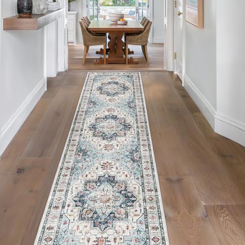 Madane Runner Rug 2x8, Washable Hallway Runner Rugs, Non-Slip Low-Pile Soft Kitchen Rug Runner Laundry Room Rug, Vintage Throw Entry Foyer Mat for Entrance Living Room (Blue, 2 x 8)