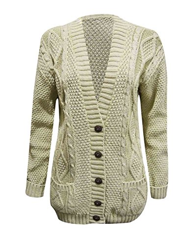 Ladies Long Sleeve Button Up Chunky Cabel Knitted Grandad Cardigan (M/L(12-14), Stone)