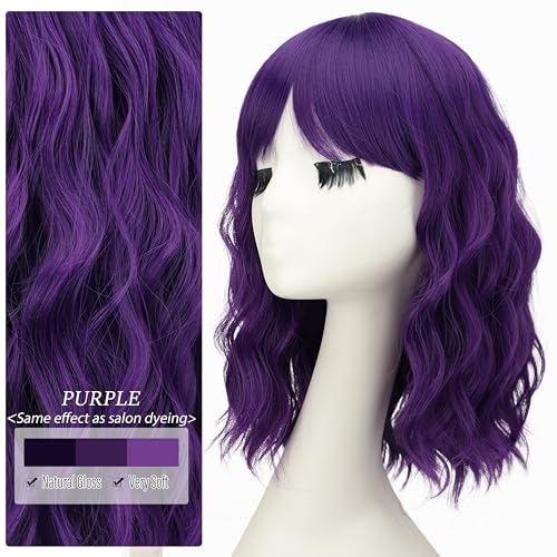 Image of Nnzes Wig Bangs Natural Purple Short Wavy Hair for Women Natural Looking Heat Resistant Bob Wigs with Synthetic Wig for Daily Party Use