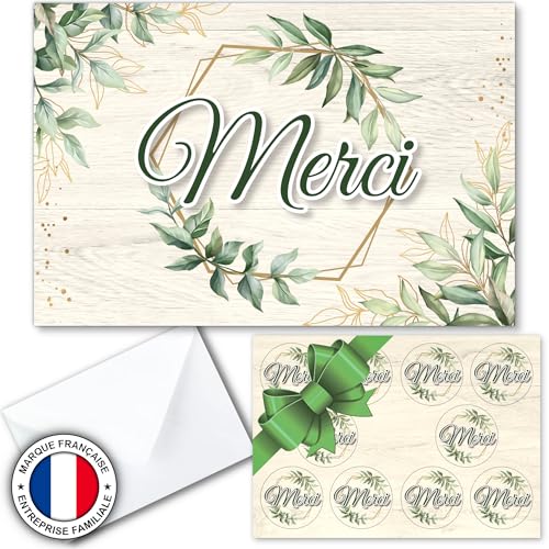 DREANA Kit 10 Cartes de remerciement – Lot de 10 avec enveloppes & stickers – Mariage, Naissance, Baptême, Anniversaire, Fête, Maîtresse – Écologiques & Made...