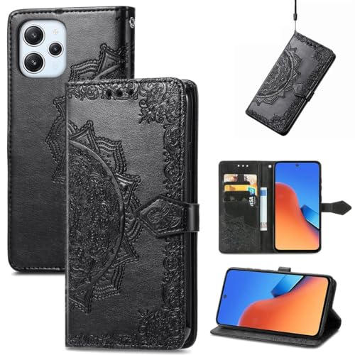 Protection Redmi 12 König Design étui à rabat noir avec béquille