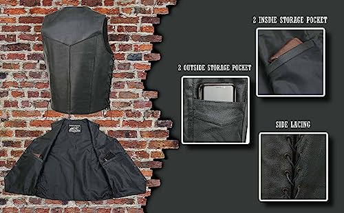 EL1315 Men's Club Style Black Leather Motorcycle Riders Vest w/Side Lace - Riding Club4