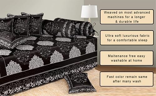 Image of Victor Styria Satin Geometrical Diwan Set 8 Pieces | Poly Cotton Diwan Cover Set with 2 Bolster Covers & 5 Cushion Covers Set for Living Room | Black & White 60x90 Inch