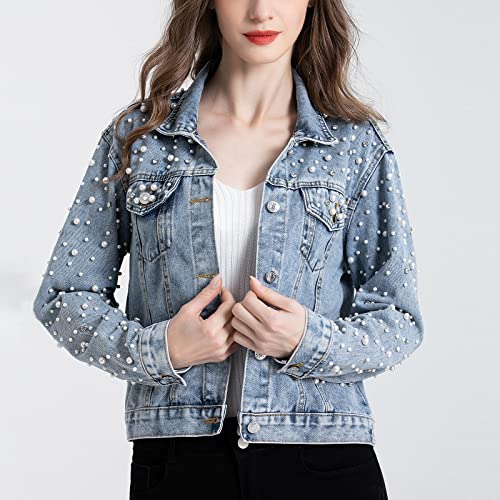 LifeShe Women's Pearls Denim Jacket Cropped Rhinestones Jean Jacket Coat4