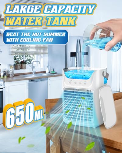 Aire acondicionado portátil, mini aire acondicionado mejorado 2024 con 3 nieblas y velocidades, 3 temporizadores y 7 colores LED, ventilador portátil de unidad de aire acondicionado pequeño para