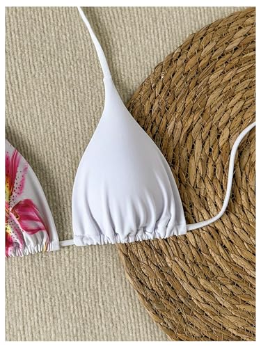 WDIRARA Women's Boho Triangle Halter Bikini Tops Floral Tie Back Smocked Swimsuit Top4