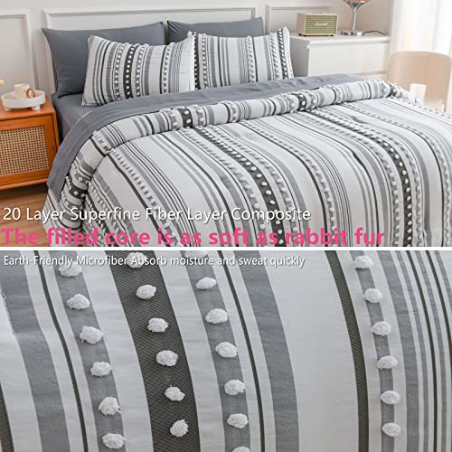 AIKASY Boho Bed in a Bag 7 Pieces Queen Size, Black/White Tufted Comforter Set, Stripe Pattern with Ball Pom Design, All Season Cozy Cover with Sheets (Hair Ball,90\"x90\")