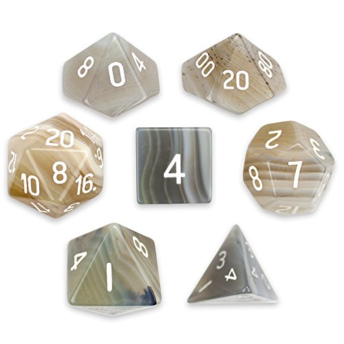 Wiz Dice Set of 7 Handmade Stone 16mm Polyhedral Dice with Velvet Pouch (Gray Agate)