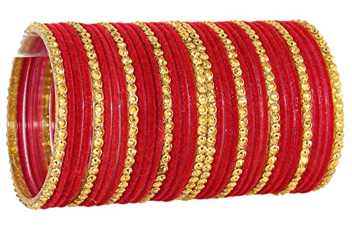 Image of NMII Premium Glass & Golden Beads Velvet Bangle Set For Women and Girls | Velvet Chudi | Traditional Chudi Set | Designer Girl's Bangles Bracelet | Wedding, Party, Festive, Daily- Set of 34