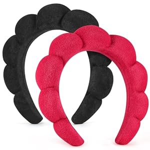 Spa Headbands for Women Ladies- Puffy Makeup Headband Combo Pack- Set of 2 Terry Towel Cloth Fabric Hair Bands for Washing Face(crimson+black)