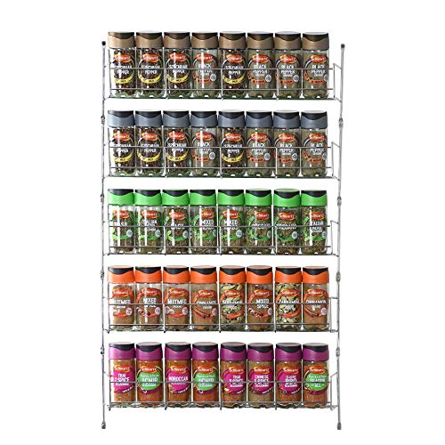 Vinsani 1/2/3/4/5/6 Tier Spice Racks Organiser - 5 Tier Flexible Herb Spices Condiments Jar Cupboard Wall Mounted Hanging Storage with Adhesive Stickers & Screws for Pantry Kitchen (Silver)