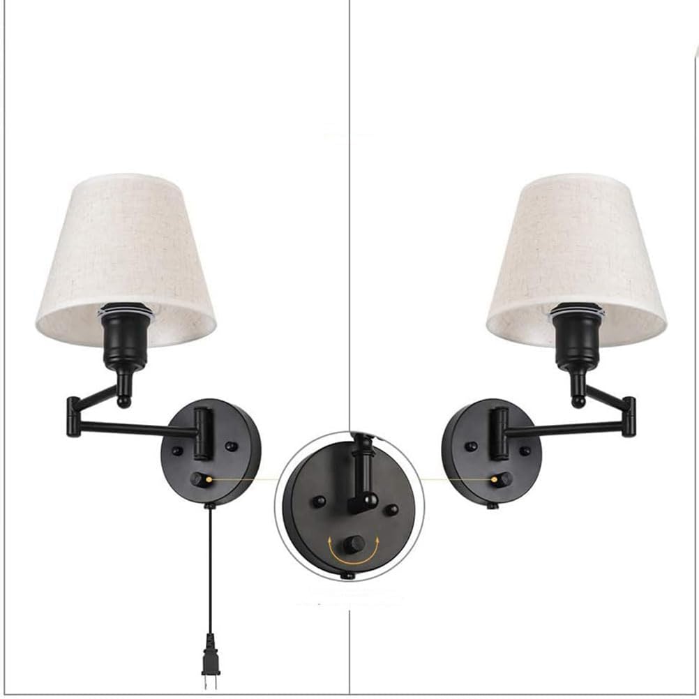 AoLa Wandleuchte Schwarz Metall Vintage Einstellbar Schwenkarm Wandlampe mit Schalter, 1,6 m Kabel mit Stecker, Stoff Schirm, E27 Bettlampe Wand-Leselampe für Wohnzimmer Schlafzimmer Flur,1 Pack