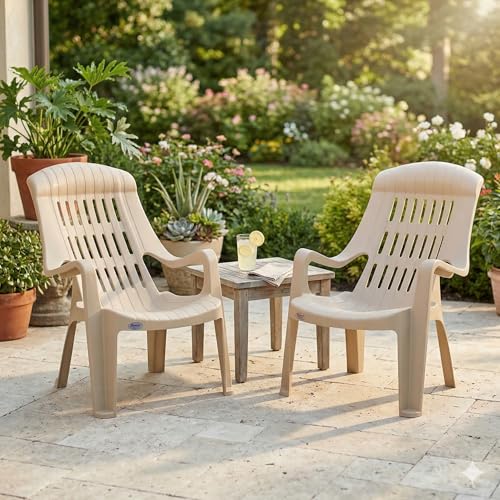 Image of Oaknest Supreme Comfy Relaxing Chair - Ergonomic High-Back Plastic Armchair for Home, Garden, Balcony & Patio | Heavy-Duty, Weather-Resistant & Easy to Clean | Dark Beige | Set of 2