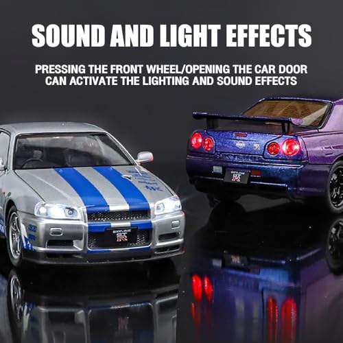 Image of 1:24 Nissan Skyline GT-R R34 Diecast Model Car, Pull Back Toy with Sound & Light, Collectible for Kids & Adults (Purple)