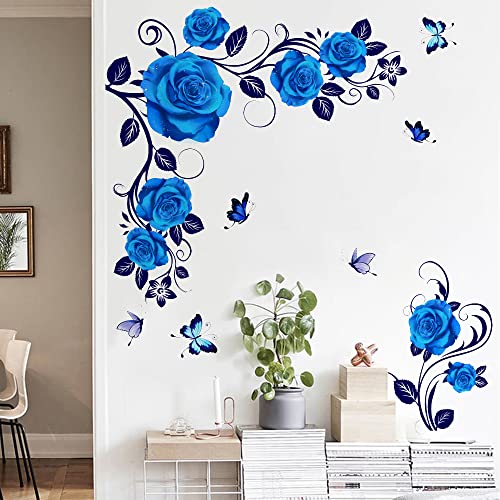 Runtoo Blue Rose Flower Wall Art Stickers Hanging Vine Floral Wall Decals Living Room Girls Bedroom TV Background Decor