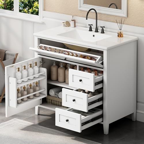 Image of 36 inch Bathroom Vanities with Top Set, Cabinet with Right-Side Multi-Functional Tip-Out Drawer and Adjustable Shelf, Soft-Closing Door, Solid Wood Legs, White