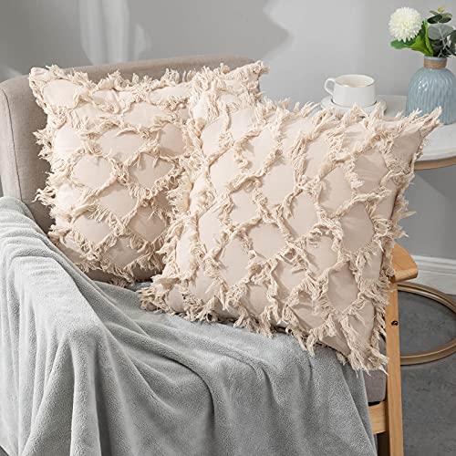 SURIDAI Khaki Throw Pillow Covers Boho 18×18 Decorative Textured Jacquard Pattern Square Accent Pillows for Sofa Couch Bedroom Living Room Set of 2