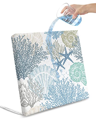 2 Pack Nautical Coral Shell Starfish Waterproof Cushion Covers with Ties, Outdoor Patio Chair Seat Cushion Slip Covers Replacement Summer Beach Ocean Sea Blue 20''x18''x4''