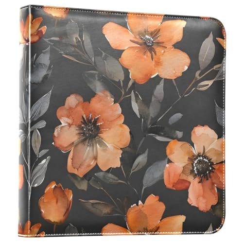 JIPONI Orange Flowers Black Back Large Photo Album, DIY Leather Cover Scrapbook Albums for 4x6 5x7 6x8 Pictures, Self Adhesive Memory Book for Wedding, Baby, Family