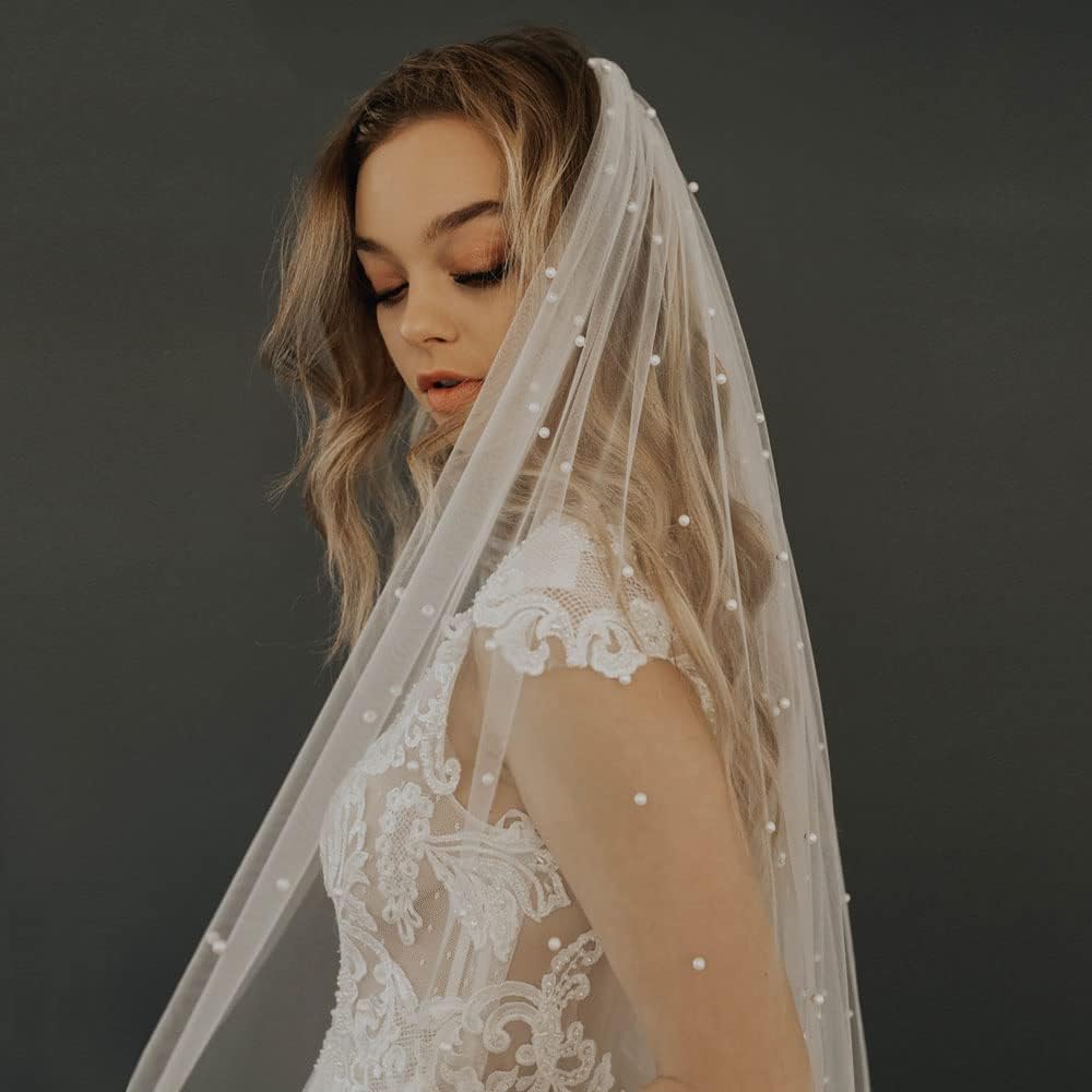 Velo da Sposa Velo di Perle con Pettine Velo alla Testa Velo da Spalla Multi-Dimensione 1 Livello Velo da Sposa Lungo in Tulle Elegante Tulle da Sposa