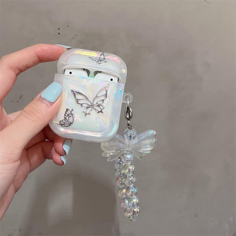 Miniatura 5 de Funda transparente para AirPods Pro de 2 generación 2022, bonito diseño de mariposa negra brillante con llavero colgante, funda protectora de TPU
