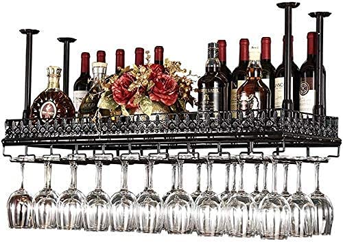 Porte-bouteilles à vin en fer noir étagère murale suspendue 100x35cm avec porte-verre