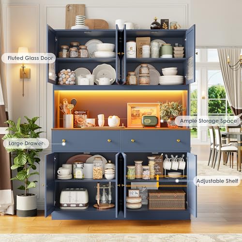 Image of FINETONES 71 inch Pantry Cabinet with LED Light and Charging Station, Farmhouse Kitchen Pantry Cabinet with Microwave Stand, 47.2 inch Wide Kitchen Hutch Food Pantry with Open Countertop, Blue