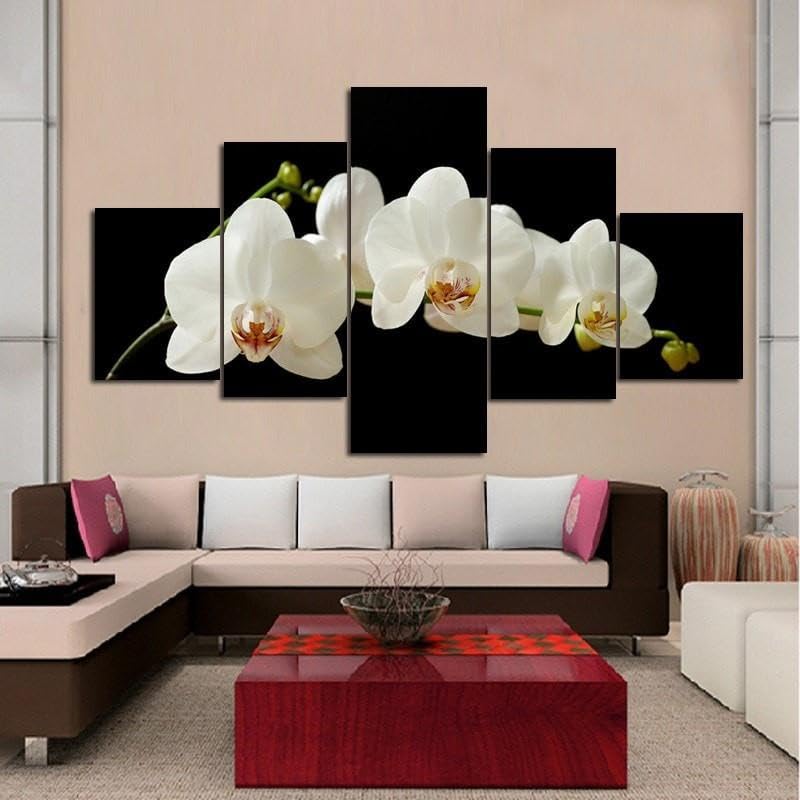 Impression sur toile orchidée blanche : grand tableau 5 pièces pour apaiser l'ambiance du salon