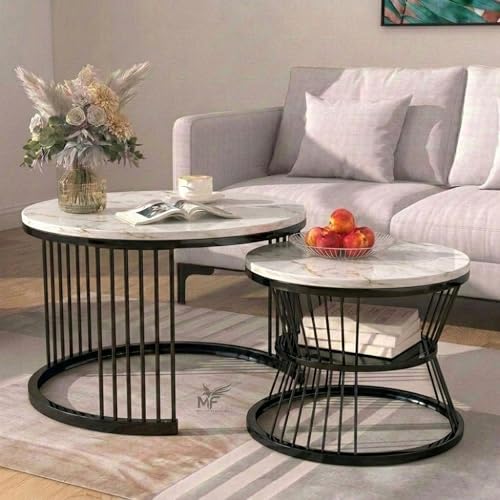 Image of MELVON Lightweight Nesting Coffee Table Set of 2, Black Frame with White Marble Look Top, Round Center & Side Table for Home