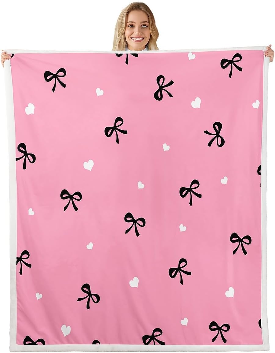 Feelyou Girls Pink Bowknot Sherpa Blanket,Black Bow Tie Fleece Throw Blanket,Princess Girls Room Decor,Love Hearts Bow Print Plush Blanket,Valentine'S Day Pink Fuzzy Blanket for Sofa Bed Couch 90"x90"