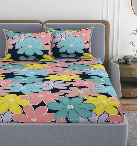 Image of 320 TC Cotton Feel Glace Cotton Printed Elastic Fitted King Size Double Bed Bedsheet with 2 Pillow Covers | Fitted Bedsheets King Size 78 x 60 x 8, (Blue Floral)