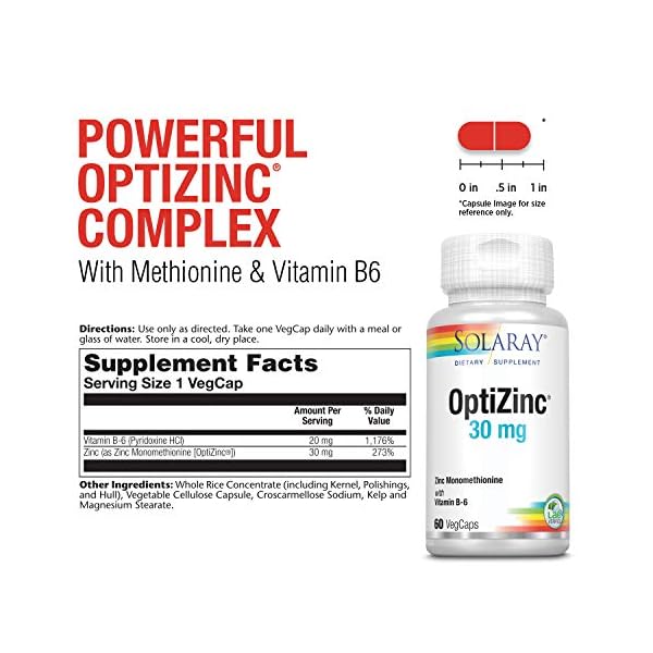 Solaray-OptiZinc-30mg-Supports-Immune-Endocrine-Systems-Cellular-Health-wMethionine-B-6-60-VegCaps Solaray OptiZinc 30mg Immune Support Supplement, Chelated Zinc Capsules, Endocrine Systems and Cellular Health Support, with Methionine, Vitamin B6 and NO Copper, 60-Day Guarantee, 60 Serv, 60 VegCaps