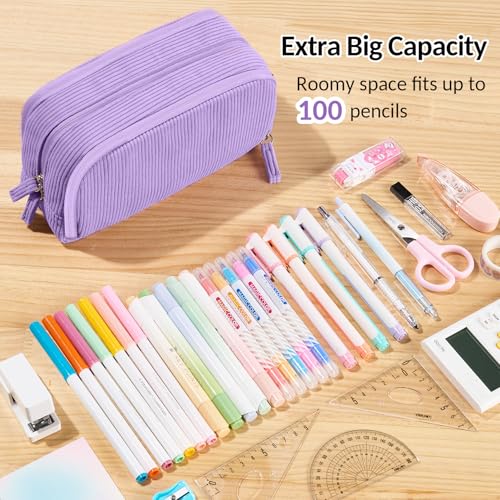 Image of Sooez Big Capacity Pencil Case Pen Pouch, Soft Corduroy Pencil Bag with 3 Compartment, Multiple Pockets, Sturdy Zipper, Cute School Supplies Pen Bag Organizer For Teen Girls College, Purple