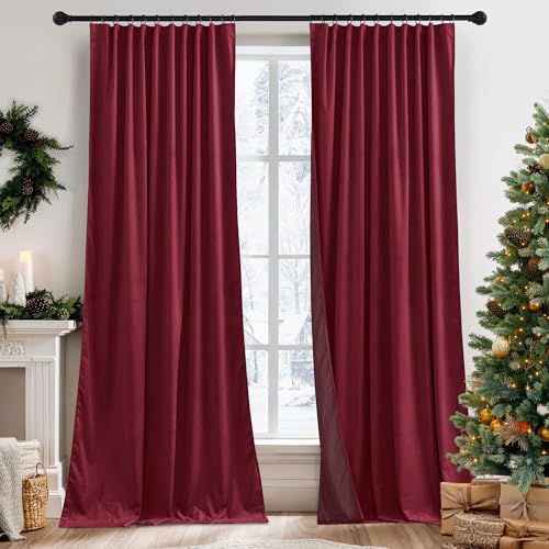 Image of RYB HOME Burgundy Velvet Curtains 96 inches for Bedroom Living Room | Thermal Insulated,Room Darkening,Super Soft Velvet,Christmas Backdrops,Movie Theater Stage Party Decor,W52 x L96,2 Panels