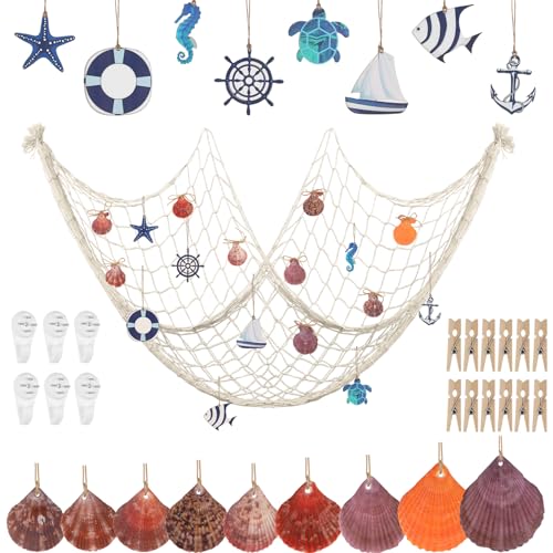 Dengthrive Filet de Peche Décoratif: Filet Peche Decoratif 1.5 m x 2 m 9 Natural Coquillage Decoration Crochet Sans Trace Ancre en Bois Voilier Gouvernail...