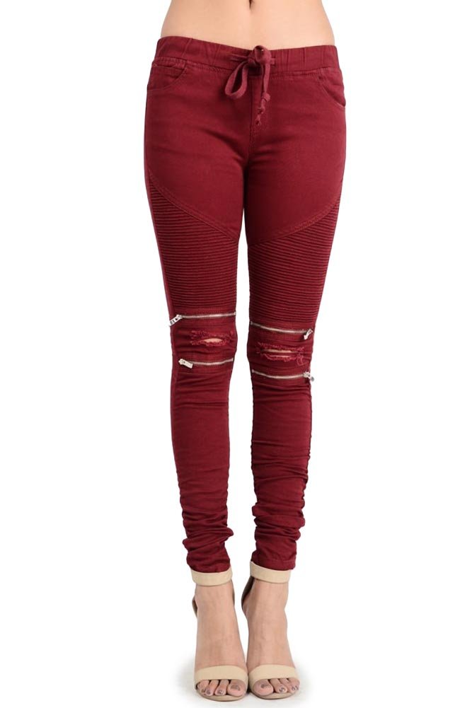 G-Style USA Women's Biker Style Ripped Zip Rider Jogger Pants RJJ777 - Burgundy - Small - S1F