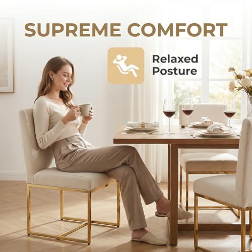 Image of HNY Modern Dining Chairs Set of 4, Upholstered Linen Dining Room Chairs with Ergonomic Back & Polished Gold Metal Frame for Home, Kitchen, Apartment, Cream