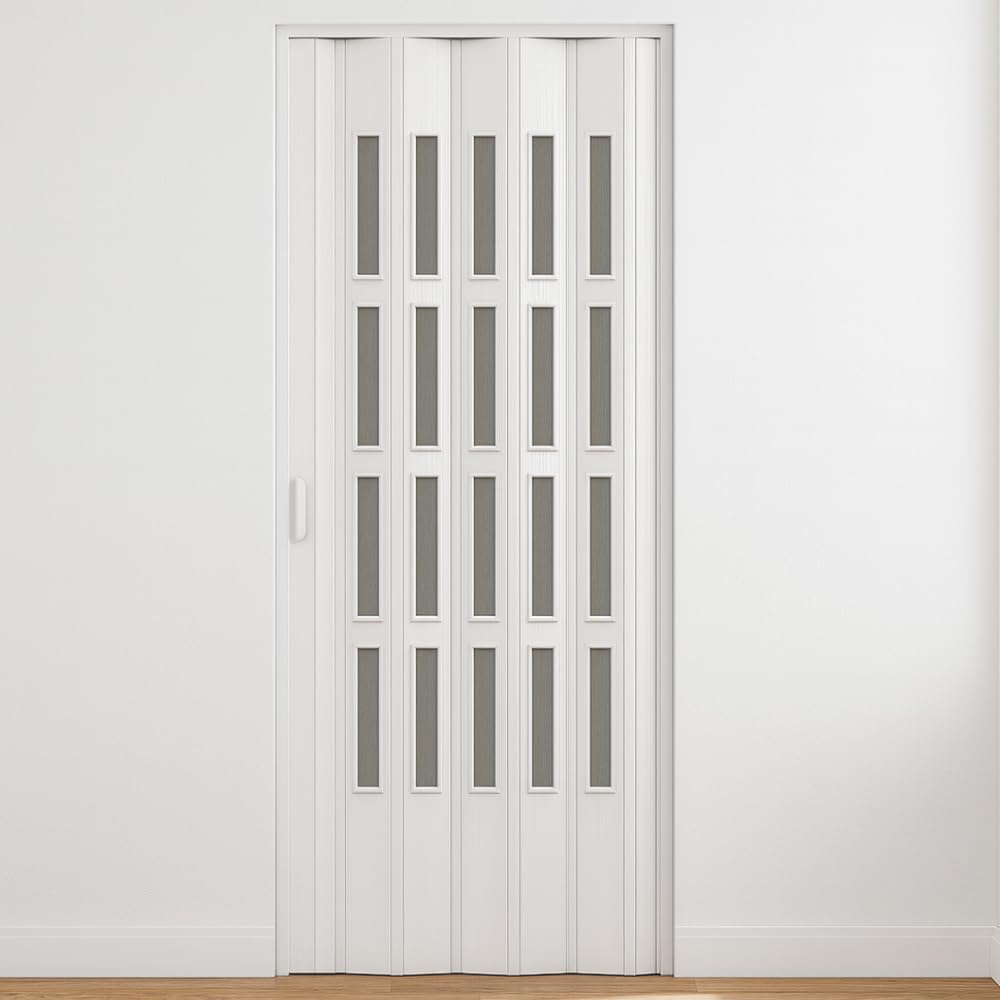 HDcasa Puerta plegable Extra Standard, PVC con cristal transparente, reversible y regulable en altura longitud, para montaje propio, fabricada Italia, decoración del hogar, blanca, 82 x 210 cm