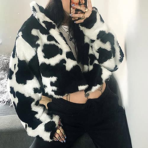 Faux Fur Jackets for Women Fashion Cows Print Winter Shaggy Coats Cropped Open Front Warm Fuzzy Outerwear4