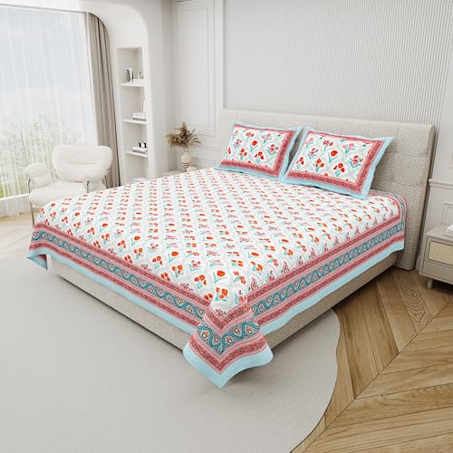 Image of DE CAMA Since 1997 | 100% Cotton 300 TC Premium King Size Bedsheet for Double Bed (90 x 108 Inch) with 2 Pillow Covers Set (17 x 27 Inch) Hand Block Printed Bedsheet Set - Orange