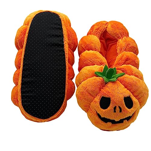 Women Halloween Pumpkin Slippers Winter Warm Fuzzy Plush Slippers Non-slip Indoor House Shoes4
